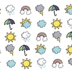 May include: A sheet of colorful weather stickers with images of sun, clouds, rain, rainbows, and snow. The stickers are perfect for adding a touch of whimsy to planners, journals, or any other paper surface.