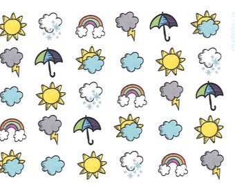 Weather Icons - Planner Stickers - Weather Tracking Stickers - Suns - Clouds - Rain - Umbrella - Snow- Weather - Icons