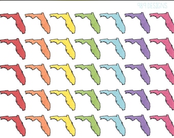 Puede incluir: Una hoja de pegatinas de contorno del estado de Florida de diferentes colores. Las pegatinas están dispuestas en filas de cinco, con cada fila presentando un color diferente: rojo, naranja, amarillo, verde, azul, morado y rosa.