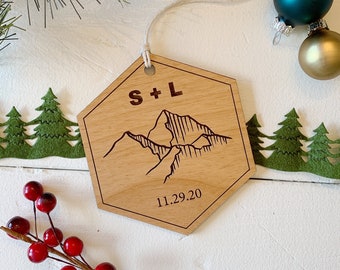 ENGRAVED Wooden Personalized Mountain Theme Wedding Christmas Ornament.  Bride and Groom gift. Wedding Gift. Mountain Range Rustic Custom.