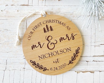 ENGRAVED! Our First Christmas Ornament. Mr and Mrs Wedding Personalized Gift. Our First Christmas Custom Ornament Gift For Bride and Groom.