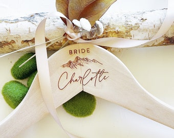 ENGRAVED Personalized Wedding Dress Hanger. Rustic Theme Wedding Decor. Wedding Hanger with Mountain. Bridal Party Hangers. Bride Gift