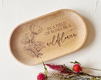 ENGRAVED Personalized Wooden Tray. Small Modern Catch All Tray Dish Flower Lover Gift. Gift under 25. Wooden Tray Custom. Housewarming Gift.