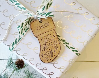 Etiqueta de madera grabada para calcetines, etiqueta de regalo de Navidad personalizada