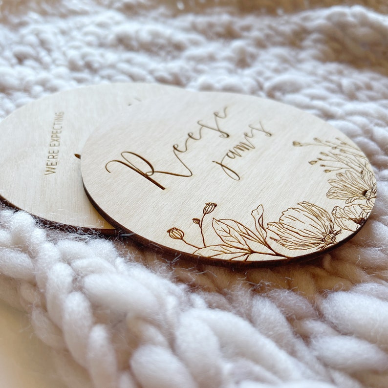 ENGRAVED Custom Baby Name Sign. Round Wooden Floral Baby Name Reveal Sign. Social Media Photo Prop Baby Sign. Pregnancy Announcement Sign. image 4