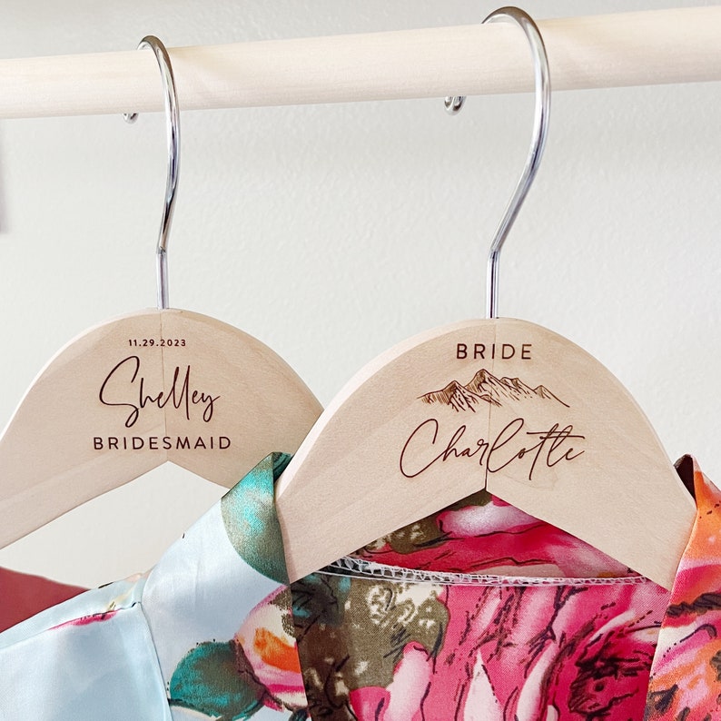 ENGRAVED Personalized Wedding Dress Hanger. Rustic Theme Wedding Decor. Wedding Hanger with Mountain. Bridal Party Hangers. Bride Gift image 3