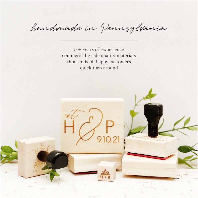 May include: A collection of wooden stamps with black handles and engraved designs. The stamps feature initials, dates, and a mountain graphic. Text on the image reads "handmade in Pennsylvania" and "9+ years of experience".