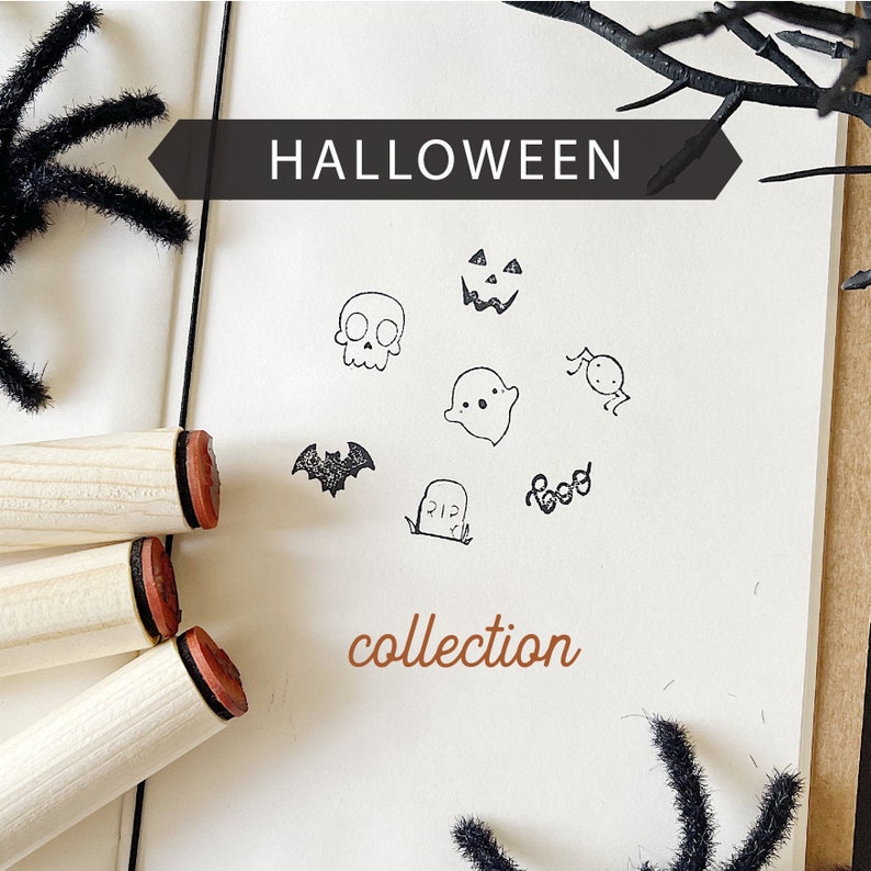 Halloween Stamps. Mini Halloween Planner Stamps. Set of 7. Ghost, bat, Pumpkin, Spider Stamp. Teacher stamp. Halloween Rubber Stamps. image 1