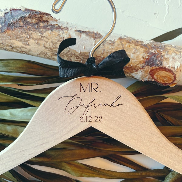 ENGRAVED Custom Groom Hanger. Wedding Party Gift. Personalized Tux Hanger for Wedding. Bride and Groom Custom gift.