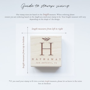 May include: A wooden stamp with the letter "H" and the name "Hathaway" in a serif font. The stamp has a leaf design above the letter. Text on the image explains stamp sizing, with length and height measurements.