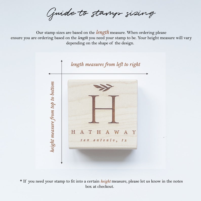 May include: A wooden stamp with the letter "H" and the name "Hathaway" in a serif font. The stamp has a leaf design above the letter. Text on the image explains stamp sizing, with length and height measurements.