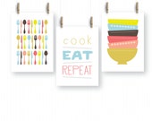 Kitchen Art Wall Art Prints Set of 3 - 5 x 7 Vintage Pyrex inspired Kitchen art - Kitchen pop art - INSTANT DOWNLOAD