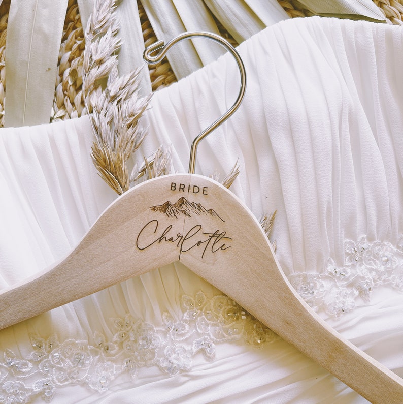 ENGRAVED Personalized Wedding Dress Hanger. Rustic Theme Wedding Decor. Wedding Hanger with Mountain. Bridal Party Hangers. Bride Gift image 2