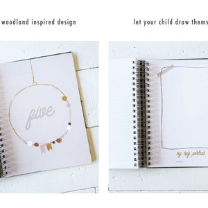 May include: A spiral bound book with a boho woodland inspired design on the left page and a blank page with the text "my self portrait" on the right page.