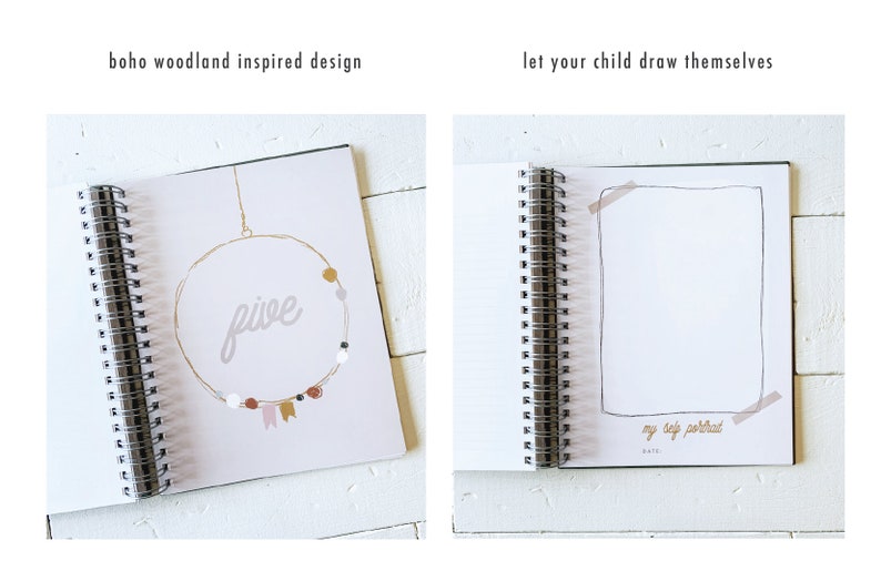 May include: A spiral bound book with a boho woodland inspired design on the left page and a blank page with the text "my self portrait" on the right page.