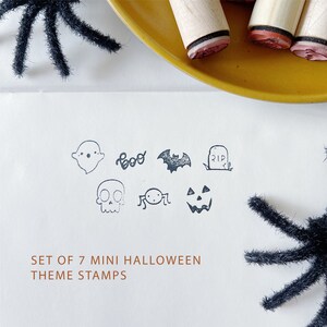 Halloween Stamps. Mini Halloween Planner Stamps. Set of 7. Ghost, bat, Pumpkin, Spider Stamp. Teacher stamp. Halloween Rubber Stamps. image 2