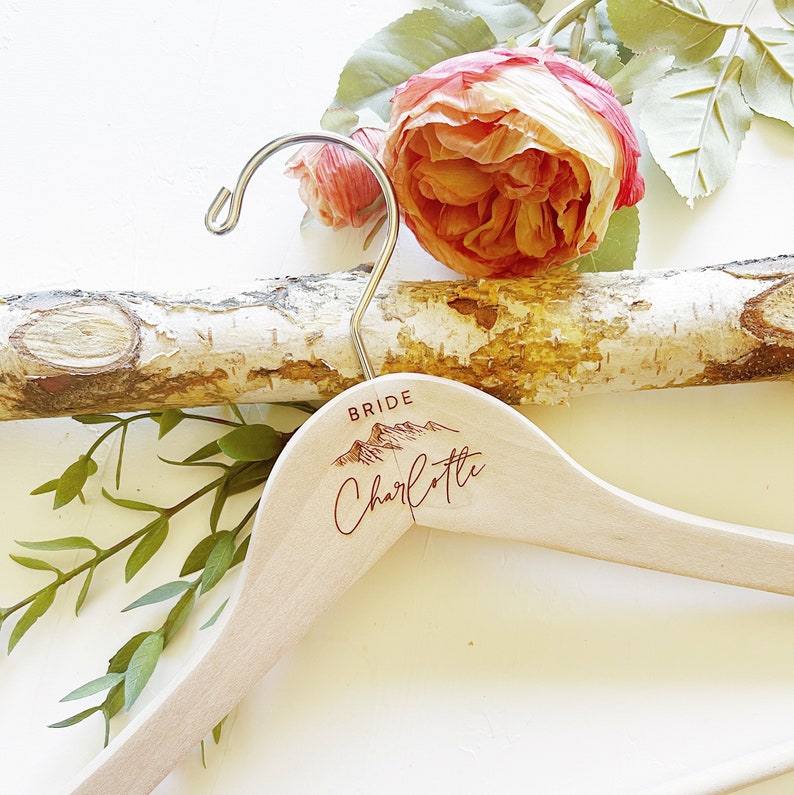 ENGRAVED Personalized Wedding Dress Hanger. Rustic Theme Wedding Decor. Wedding Hanger with Mountain. Bridal Party Hangers. Bride Gift image 4