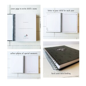 May include: A black and green journal with a spiral binding and the word "Ashton" written on the cover. The journal is designed for recording memories and milestones of a child's first year.