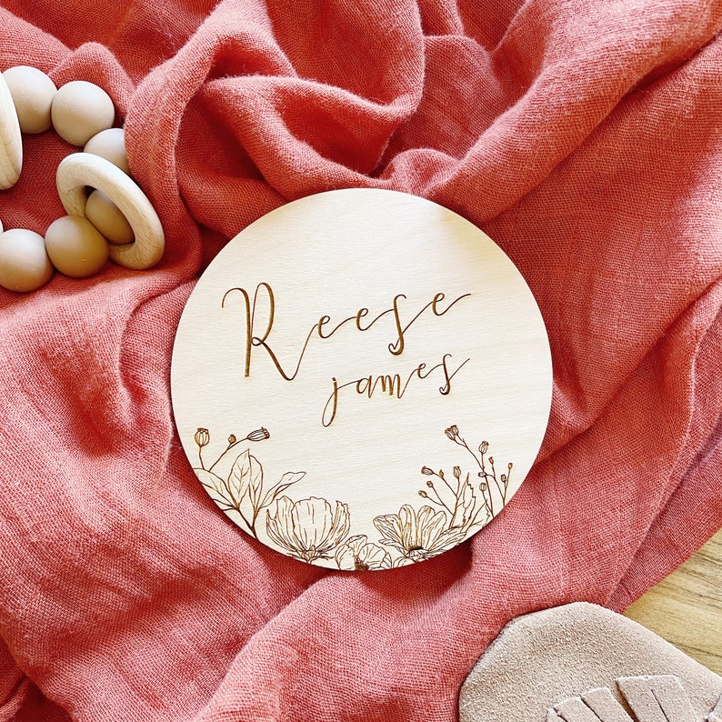 ENGRAVED Custom Baby Name Sign. Round Wooden Floral Baby Name Reveal Sign. Social Media Photo Prop Baby Sign. Pregnancy Announcement Sign. image 1