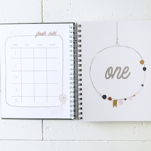 May include: A white baby book with a green cover and a growth chart on the left page. The right page has a drawing of a circle with the word "one" written inside. The circle is decorated with small, colorful circles and ribbons.