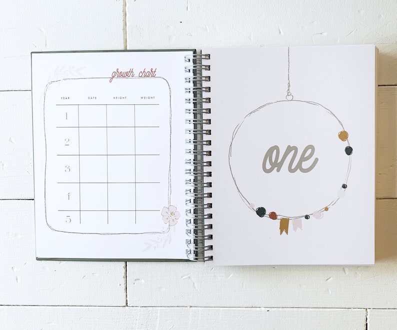 May include: A white baby book with a green cover and a growth chart on the left page. The right page has a drawing of a circle with the word "one" written inside. The circle is decorated with small, colorful circles and ribbons.