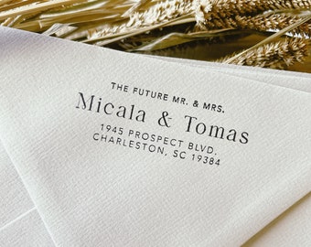 El futuro Sr. y Sra. Sello de dirección. Sello de papelería de boda personalizado. Sello de madera con entintado automático. Guarde el sello de fecha.