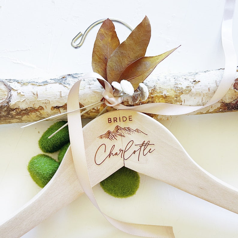 ENGRAVED Personalized Wedding Dress Hanger. Rustic Theme Wedding Decor. Wedding Hanger with Mountain. Bridal Party Hangers. Bride Gift image 1