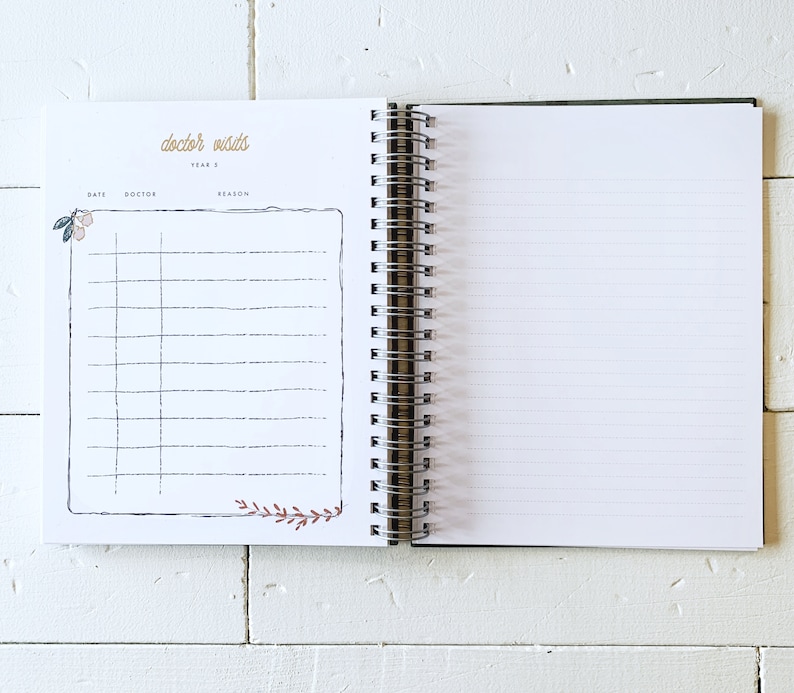 May include: An open spiral bound notebook with a white cover. The left page has a section for "doctor visits" with columns for date, doctor, and reason. The right page is blank with lined paper.