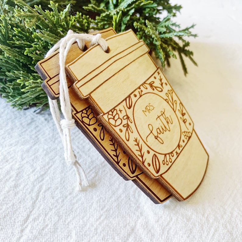 Personalized Wooden Christmas Teacher Ornament Gift. Coffee Mug Ornament. Coffee Cup Ornament. Teacher Gift Tag Ornament. Coffee Lover Gift. image 5