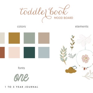 May include: Mood board for a toddler book with a color palette of beige, brown, green, and blue. The elements include a floral design, a cloud, and a dreamcatcher. The font used is a handwritten style with the word "one" in large letters.