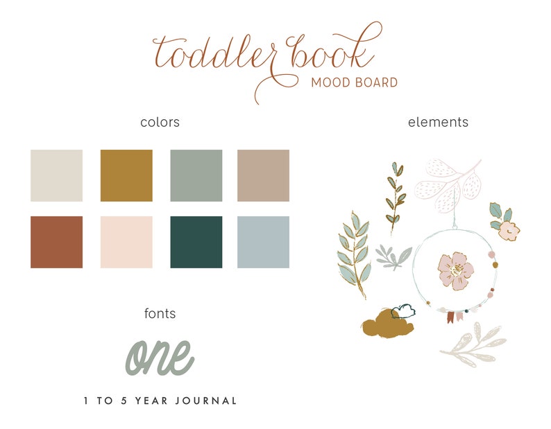 May include: Mood board for a toddler book with a color palette of beige, brown, green, and blue. The elements include a floral design, a cloud, and a dreamcatcher. The font used is a handwritten style with the word "one" in large letters.
