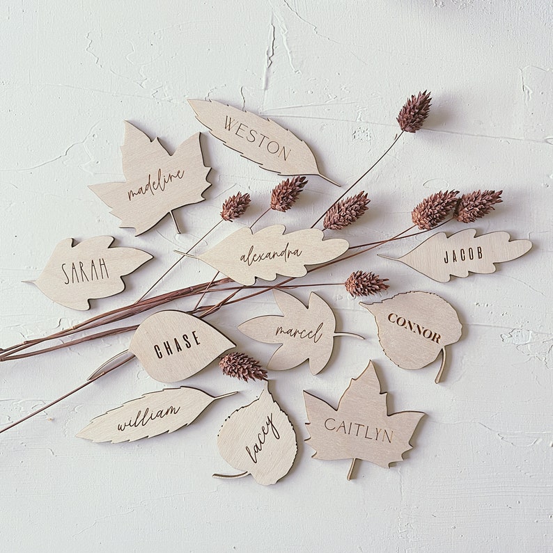 Wooden Personalized Name Tags. Custom Leaf Design Name Tags. Table
