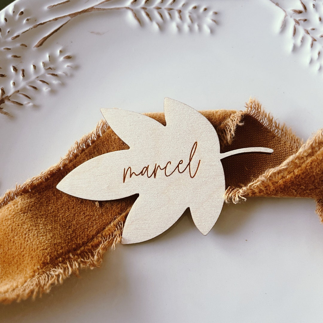 Wooden Personalized Name Tags. Custom Leaf Design Name Tags. Table