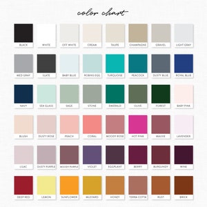 May include: Color chart with 36 different color swatches. The colors are arranged in rows and columns, with the names of each color listed below the swatches.