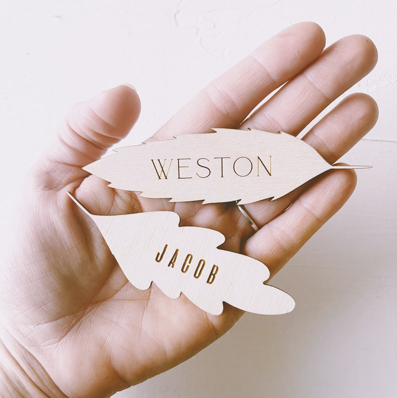 Wooden Personalized Name Tags. Custom Leaf Design Name Tags. Table