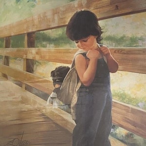 May include: A young child with dark hair, wearing overalls, stands on a wooden bridge. The child is barefoot and holding a brown bag over their shoulder. A small black dog is visible behind the child.
