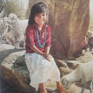 May include: A young girl with long dark hair sits on a rock with two white goats. She is wearing a red shirt with a blue beaded necklace and a white skirt. She is smiling and looking at the camera.