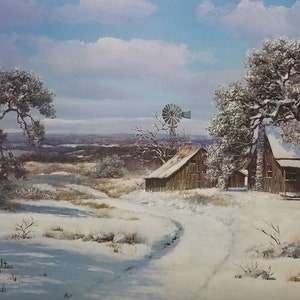William A Slaughter &quot;Peaceful Season&quot; Print on Stretched Canvas Snow Scene Texas Hill Country Homestead Windmill Barn Oak Trees Mesquite