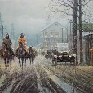 Too Wet To Plow, Limited Edition Print by G Harvey, Cowboys, Horses, Oil Derricks, Boomtown, released as a part of the Connally Collection