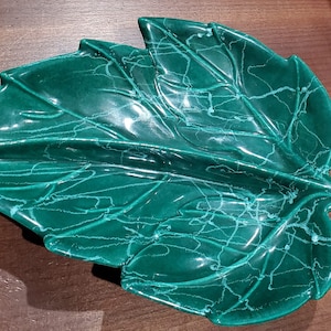 Vintage 1940s-50s Green Leaf Glazed Pottery Divided Dish, Made in USA No 45