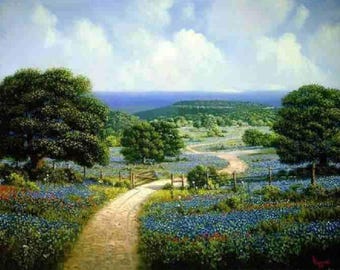 May include: An oil painting of a landscape featuring a dirt path winding through a field of bluebonnet flowers. Large green trees frame the scene on both sides, with a wooden fence running along the path under a bright sky with white clouds.
