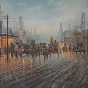 Oil Patch, Limited Edition Print by G Harvey, Boomtown, Oil Derricks, Cowboys, A Vintage Low Numbered Edition Print from Texas Art Press