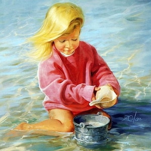 May include: A painting of a child in a pink long-sleeved shirt, sitting in shallow water. The child is holding a seashell and a small metal bucket sits nearby. The water is a mix of blues and greens, with the child's blonde hair blowing in the wind.