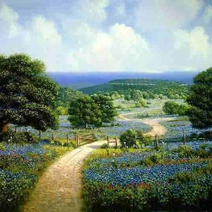 Hill Country Retreat by James Lasswell, Texas Bluebonnet Landscape, Wildflowers, Live Oak Trees, Prickly Pear, Homestead, Vintage Art Print