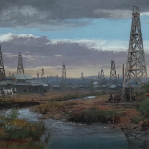 May include: An oil painting depicting a landscape with numerous wooden oil derricks scattered across a field. A small stream flows through the foreground, with trees on the sides and a cloudy, overcast sky above the industrial structures.