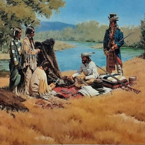 May include: A painting depicting a group of Native Americans and a European trader in a wooded setting. The Native Americans are wearing traditional clothing and are bartering with the trader, who is wearing a hat and a long coat. The scene is set by a river and includes a small tent in the background.