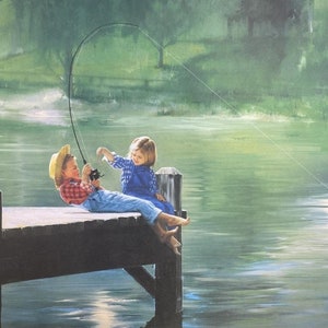 May include: Two children, a boy and a girl, are fishing from a wooden dock on a lake. The boy is wearing a straw hat and a plaid shirt, while the girl is wearing a blue and white plaid shirt. The lake is calm and the water is a light blue color. The sky is a light blue color with some clouds.