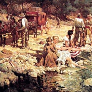 May include: An oil painting depicting a group of people in period clothing resting by a rocky riverbank. A red stagecoach with two brown horses stands nearby. The scene features individuals in long dresses and trousers, with trees in the background.