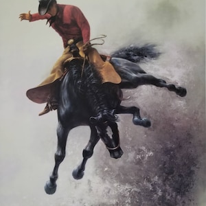May include: A cowboy in a red shirt and black hat rides a bucking black horse. The horse is kicking its legs in the air and the cowboy is holding on tight. The background is a blurry white and gray.