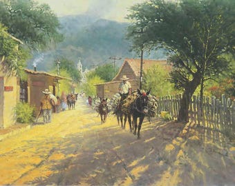 G Harvey - "Ixtapan Village" - Signed and Numbered Limited Edition Print - Artist Proof #149/150 - Mexican Settlement - Pack Burros - Adobe